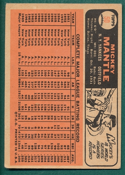 1966 Topps #50 Mickey Mantle *Red Line*