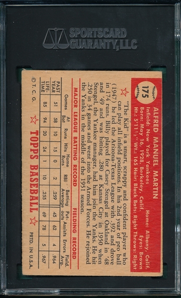 1952 Topps #175 Billy Martin SGC 1.5 *Rookie*