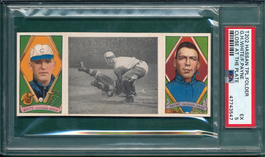 1912 T202 Close At The Plate, White/Payne, Hassan Cigarettes, PSA 5