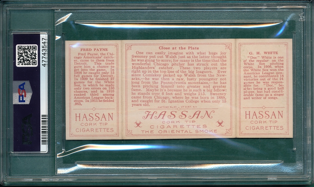 1912 T202 Close At The Plate, White/Payne, Hassan Cigarettes, PSA 5