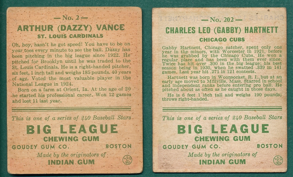 1933 Goudey #2 Vance & #202 Hartnett, Lot of (2)