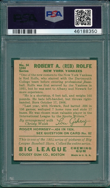 1934 Goudey #94 Red Rolfe PSA 5 *Hi #*