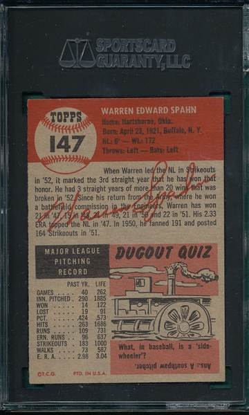 1953 Topps #147 Warren Spahn SGC 6.5