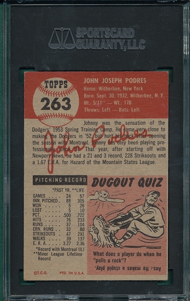 1953 Topps #263 Johnny Podres SGC 4 *Hi #* *Rookie*