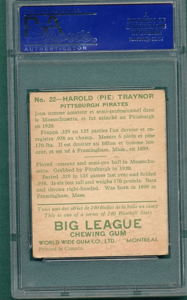 1933 World Wide Gum #22 Pie Traynor PSA 5