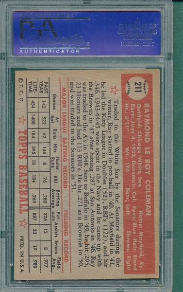 1952 Topps #211 Ray Coleman PSA 6