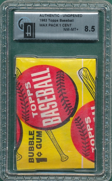 1963 Topps Baseball Unopened Wax Pack, 1 Cent Pack GAI 8.5 