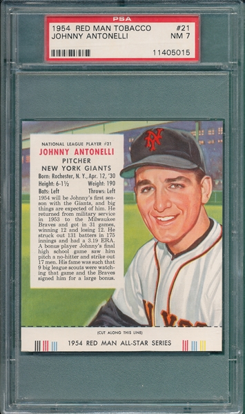 1954 Red Man #21NL Johnny Antonelli PSA 7 *With Tab*