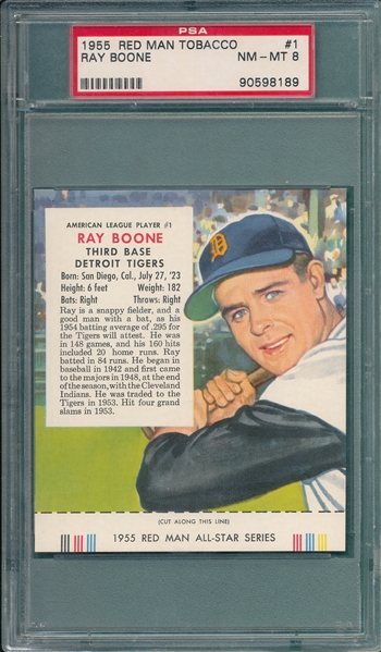 1955 Red Man #1AL Ray Boone PSA 8 *With Tab*