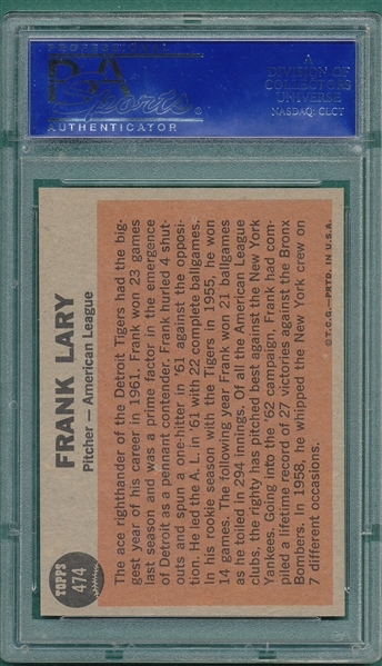 1962 Topps #474 Frank Lary, AS, PSA 9 *MINT* 