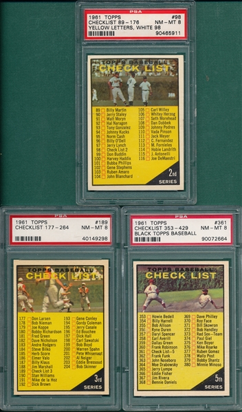 1961 Topps Lot of (3) Checklists #98, #189 & #361, PSA 8