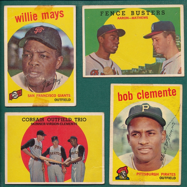1959 Topps Lot of (4) W/ Aaron, Clemente & Mays