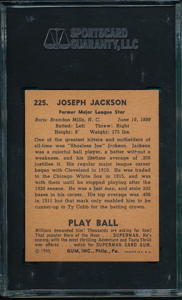 1940 Play Ball #225 Joe Jackson SGC 60 *HI #* *Superman Back*