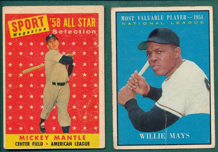 1958 Topps #487 Mantle, AS & 1961 #482 Mays, MVP, Lot of (2)