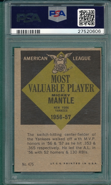 1961 Topps #475 Mickey Mantle, MVP PSA 7