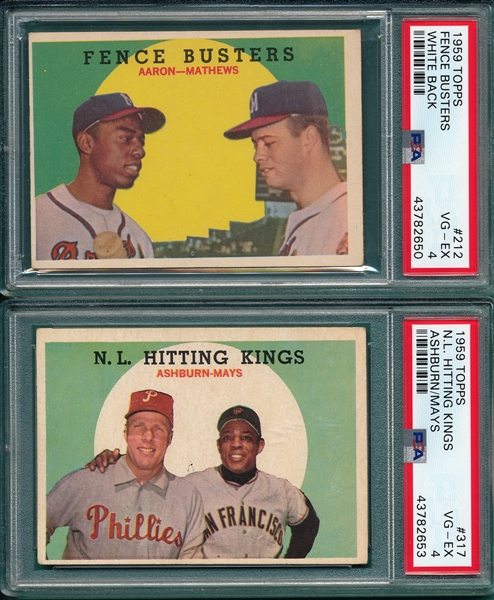 1959 Topps #212 Fence Busters W/Mathews & Aaron, & #317 NL Hitters W/ Mays, Lot of (2), PSA 4