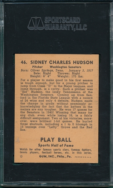 1941 Play Ball #46 Sid Hudson SGC 88