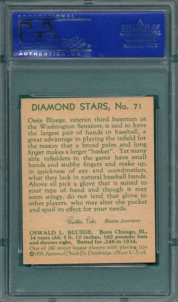 1934-36 Diamond Stars #71 Ossie Bluege PSA 7