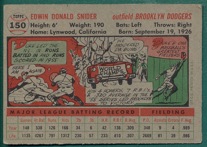 1956 Topps #150 Duke Snider *Gray*