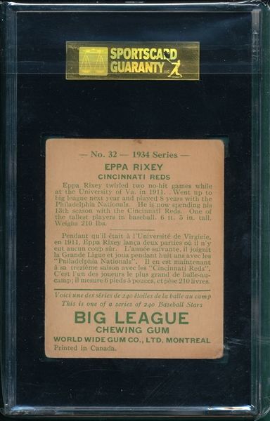 1934 World Wide Gum #32 Eppa Rixey SGC 40