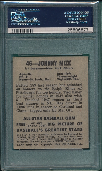 1948 Leaf #46 Johnny Mize PSA 2
