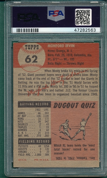 1953 Topps #62 Monte Irvin PSA 5