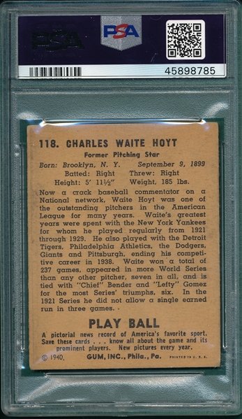 1940 Play Ball #118 Schoolboy Hoyt PSA 4