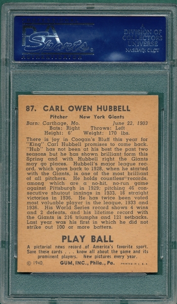 1940 Play Ball #87 Carl Hubbell PSA 6