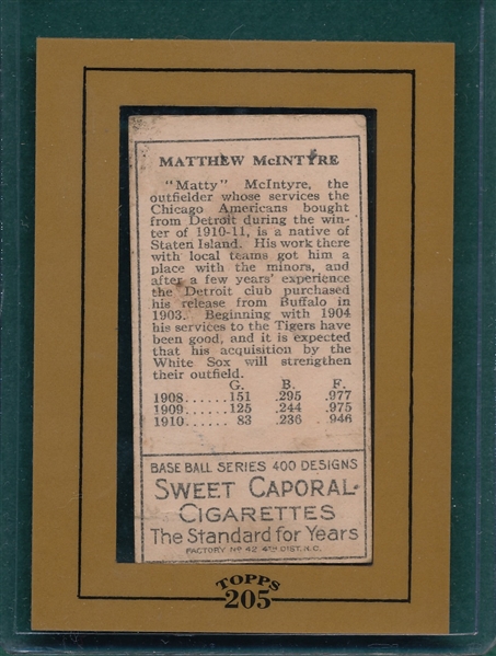 1911 T205 McIntyre Sweet Caporal Cigarettes *Topps T205*