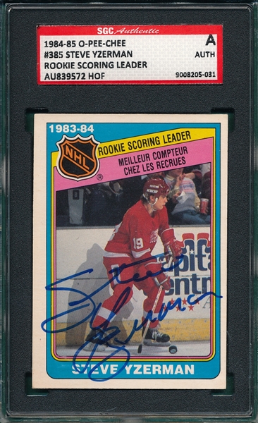 1984-85 O-Pee-Chee #385 Yzerman, Scoring Leader, SGC Authentic *Rookie* *Signed*
