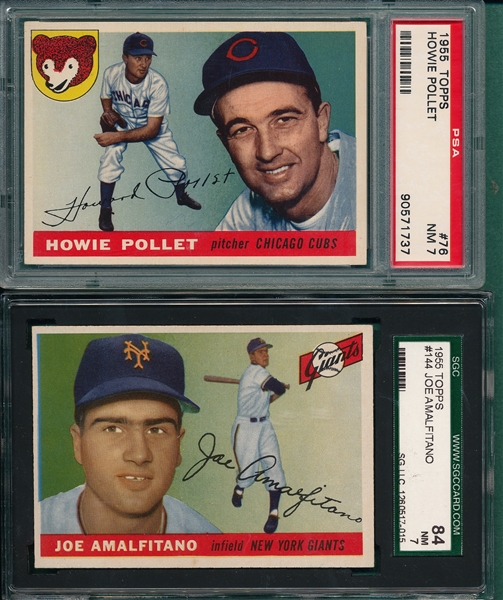1955 Topps #76 Pollet & #144 Amalfitano, Lot of (2), PSA & SGC 7