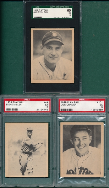 1939 Play Ball #49 Miller, #80 Fox and #101 Cramer, Lot of (3) PSA & SGC 5