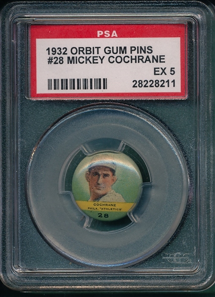 1932 Orbit Gum Pins #28 Mickey Cochrane PSA 5