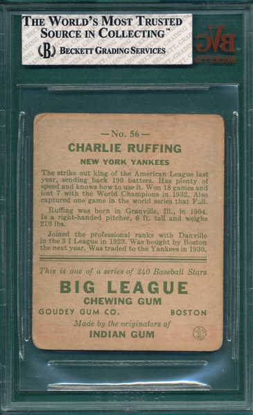 1933 Goudey #56 Charlie Ruffing BVG 2.5