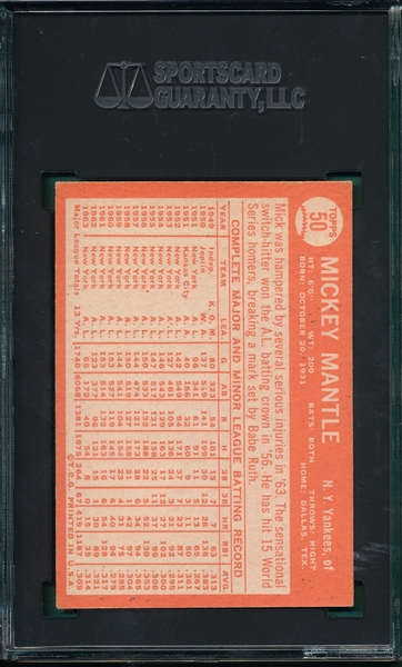 1964 Topps #50 Mickey Mantle SGC 3