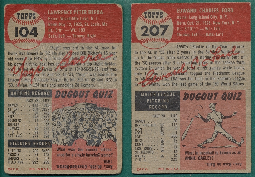 1953 Topps #104 Berra & #207 Ford, Lot of (2)