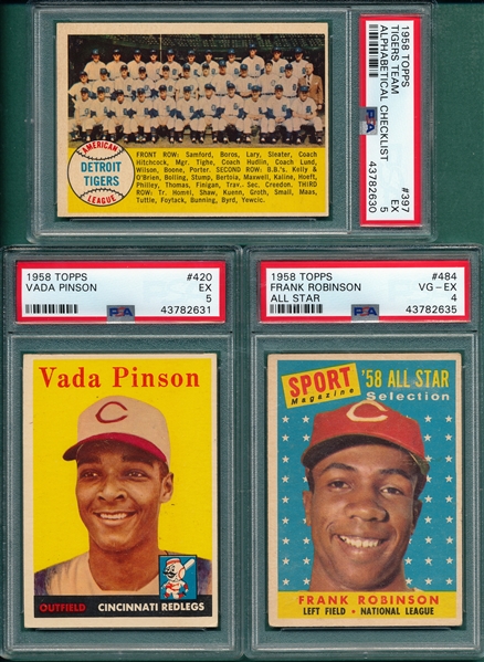 1958 Topps #397 Tigers, #420 Pinson, Rookie, & #484 F. Robinson, AS, Lot of (3), PSA 