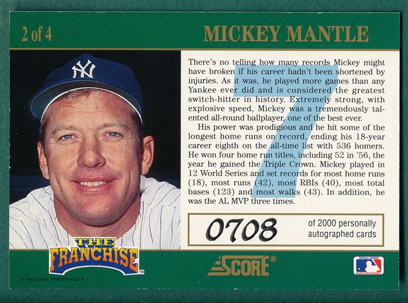 1992 Score, The Franchise, Mickey Mantle, Signed, 708/2000
