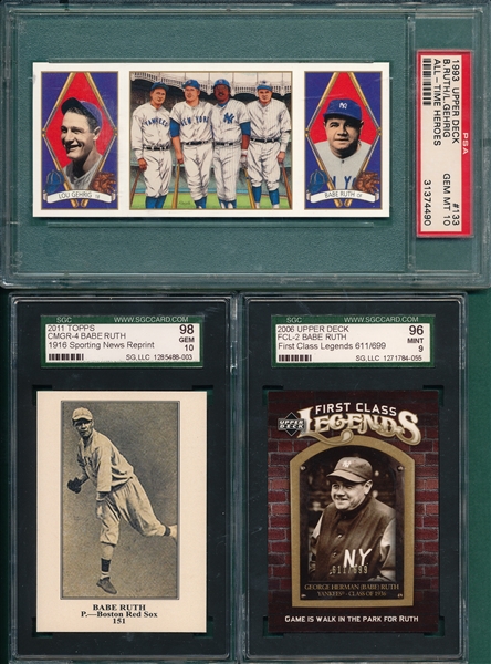 1989-2011 Babe Ruth, Lot of (4) W/ 1993 UD All-Time Heroes #133 Ruth & Gehrig PSA 10