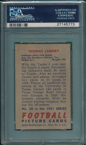 1951 Bowman #20 Tom Landry PSA 7 *Rookie*