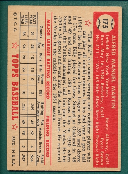 1952 Topps #175 Billy Martin *Rookie* 
