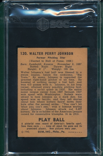 1940 Play Ball #120 Walter Johnson SGC 4