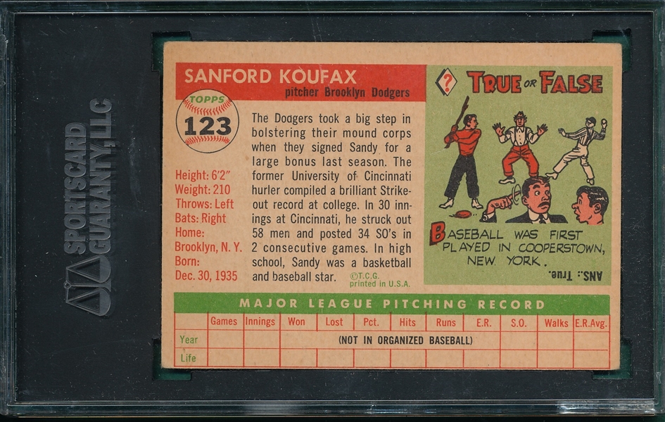 1955 Topps #123 Sandy Koufax SGC 40 *Rookie*