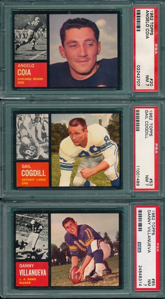 1962 Topps FB #20 Coia, #53 Cogdill & #85 Villanueva, Lot of (3) PSA 7
