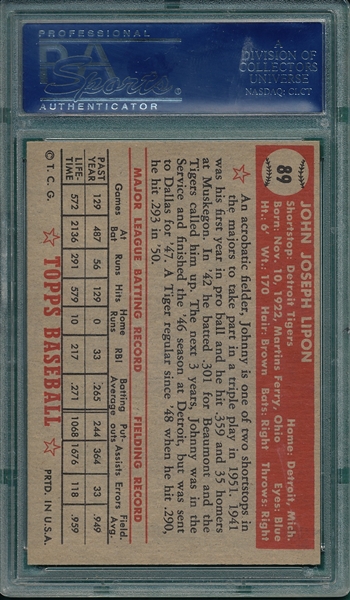 1952 Topps #089 Johnny Lipon PSA 8 (OC)