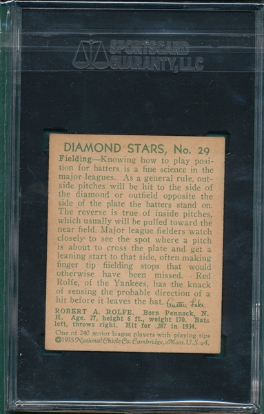 1934-36 Diamond Stars #29 Robert Rolfe SGC 50