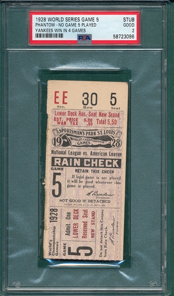 1928 World Series Game 5, Phantom Ticket, Cards vs Yankees, Ticket Stub, PSA 2