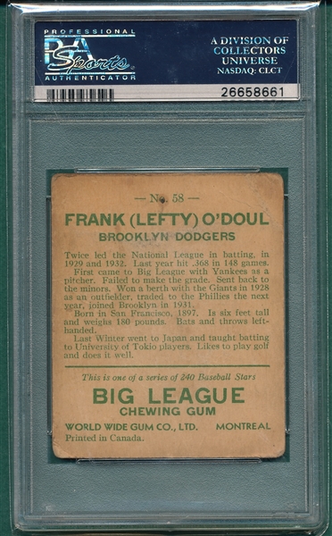 1933 World Wide Gum, #58 Frank O'Doul PSA 1