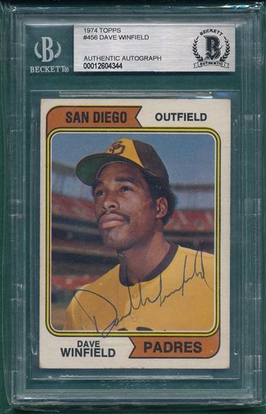 1974 Topps #456 Dave Winfield, Signed, Becket Authentic *Rookie*