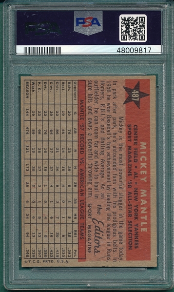 1958 Topps #487 Mickey Mantle, AS, PSA 5